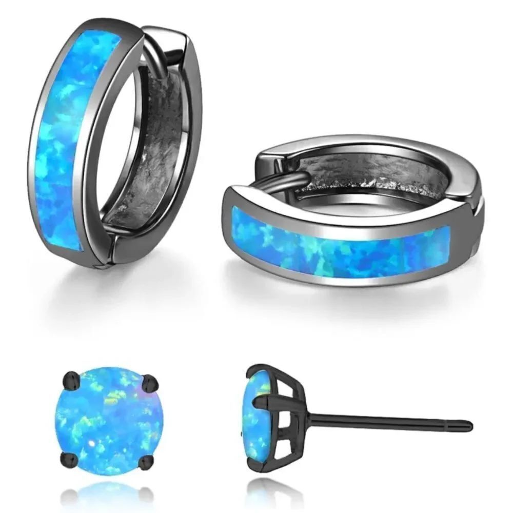 14K Black Gold with Genuine Blue Fire Opal Huggie and Stud Earrings Set of 2